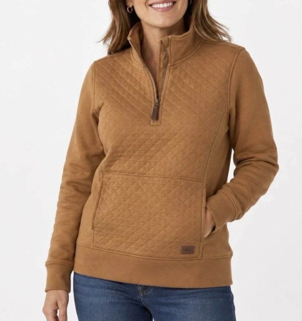 L.L.Bean Tan Women's Quilted Quarter Zip Sweater Pullover Sweatshirt Size S Tall